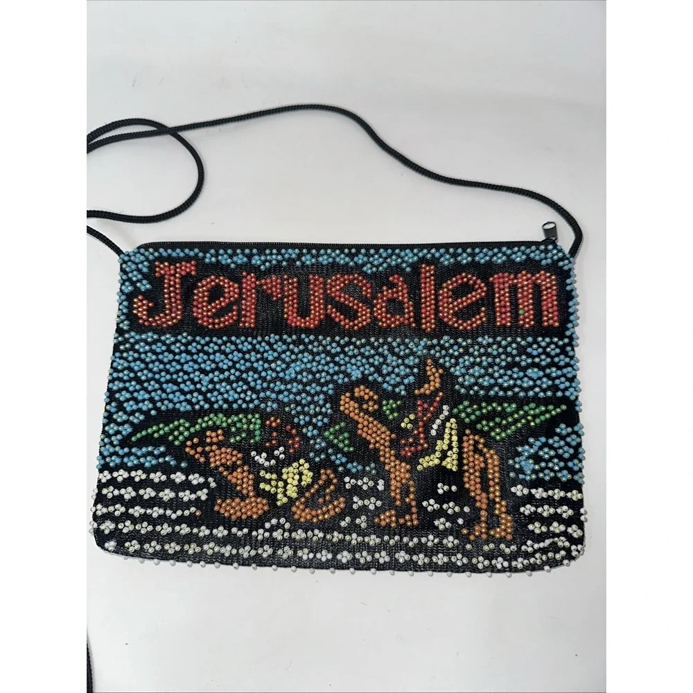 Vintage Jerusalem Beaded Crossbody Bag Handbag Camel Scene Colorful Zipper Pouch